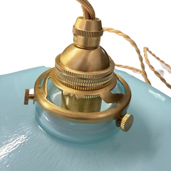 Retro Milk Glass Ceiling Pendant Light Draped Flower Gold Cord Blue Shade - Picture 6 of 11